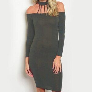 Coco Avante Olive Gray Cutout Choker Off Shoulder Bodycon Midi Dress Medium NWOT